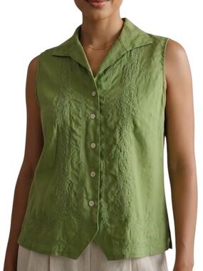 Valerie Stevens 100% Linen Sleeveless Collared Blouse Vest Embroidered Green PM